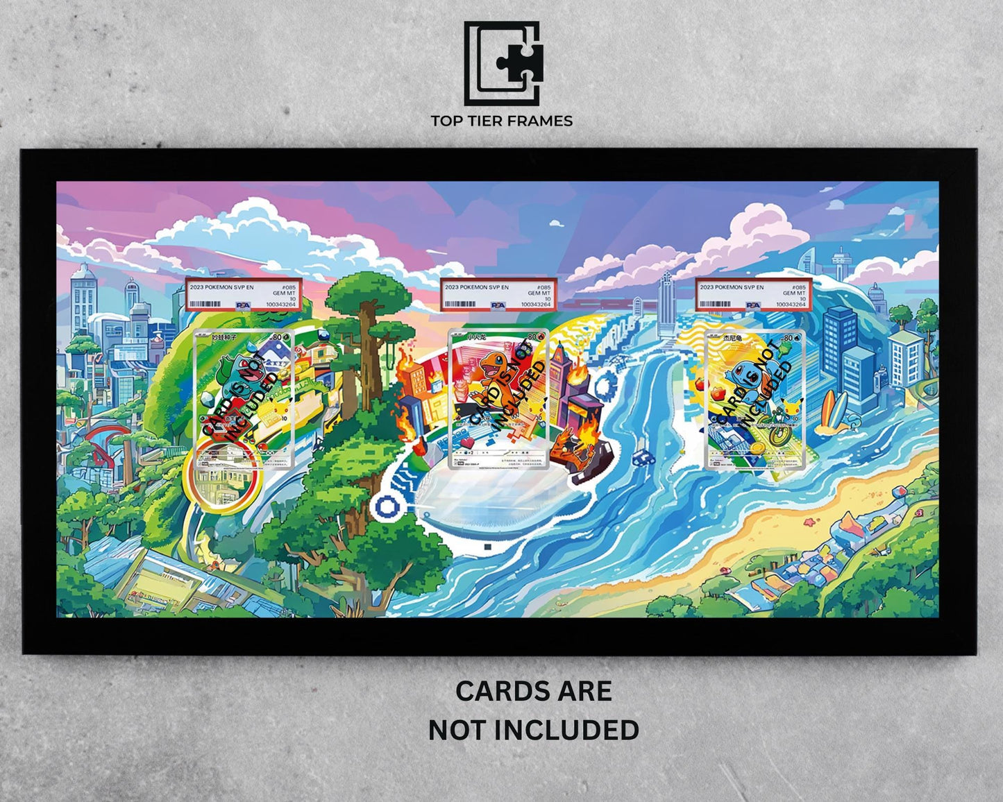 Premium Frame for 3-Cards First Partner Bulbasaur, Charmander, Squirtle TCG - Panoramic Collector Wall Decor - 22x11 Inch